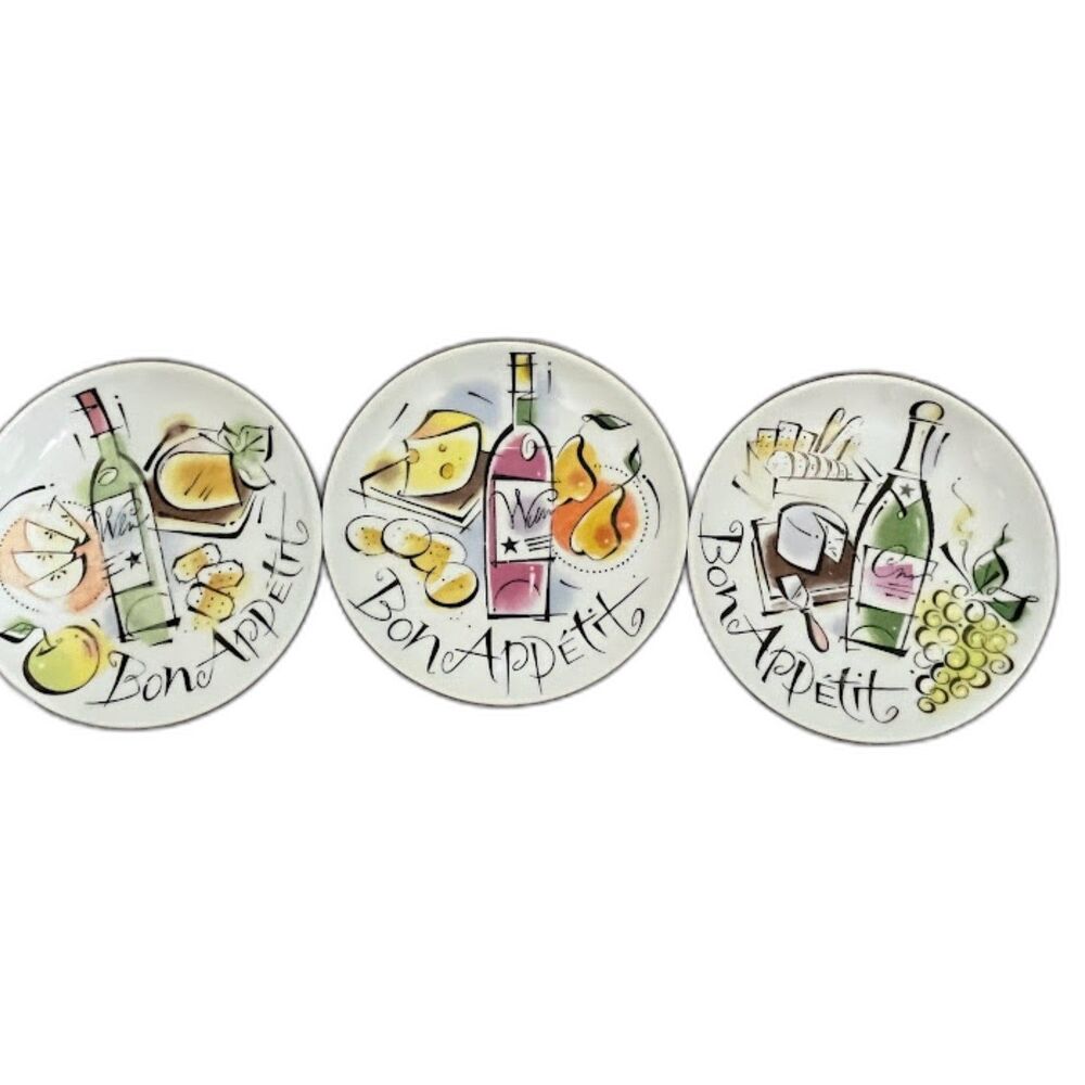 3 Bon Appetit Plates 6.5" Round Wine Cheese Serving Dishes Kitchen Dining Decor